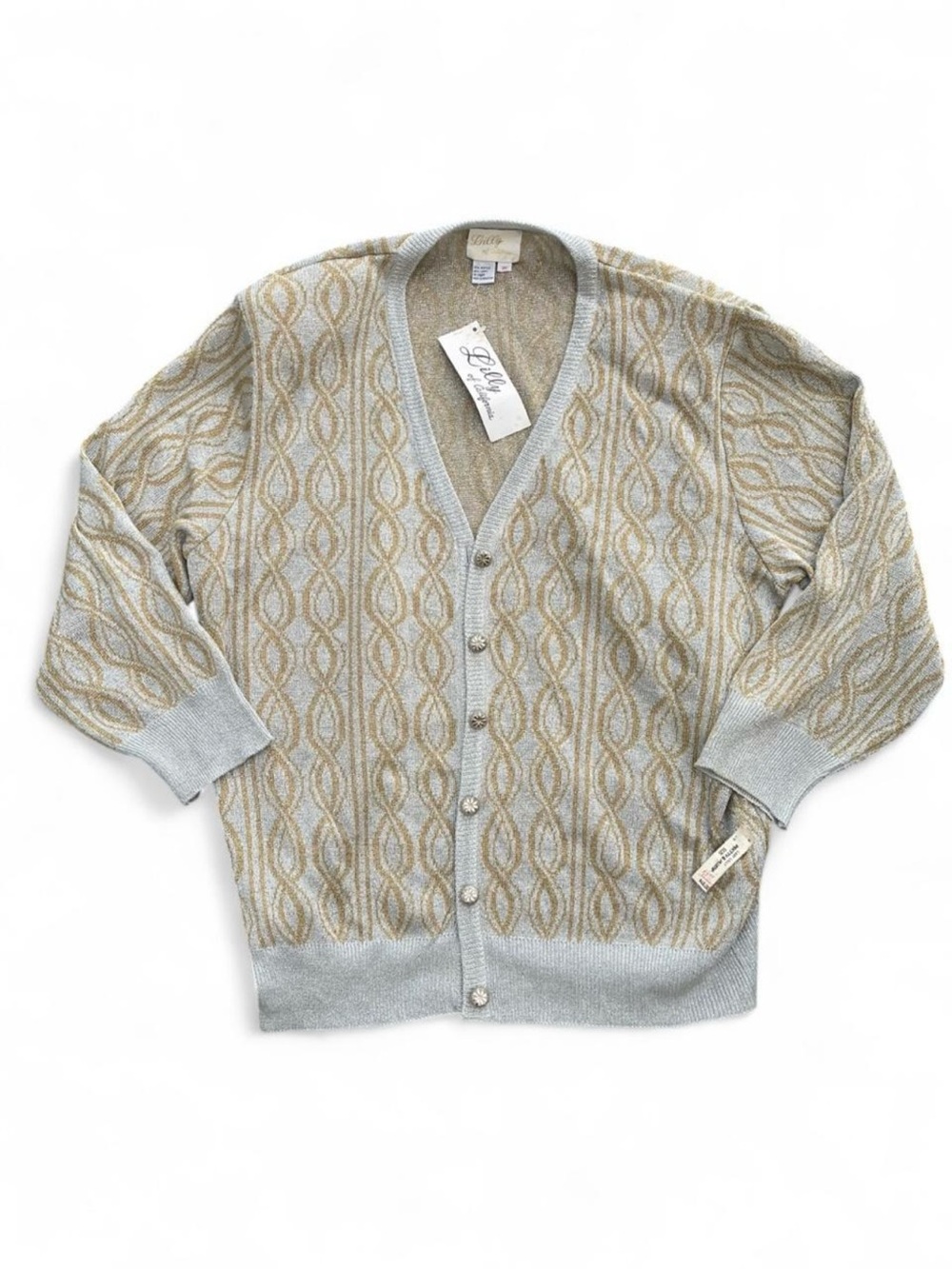 Lilly of California Pretty sparkly gold & silver and cream cardigan sweater